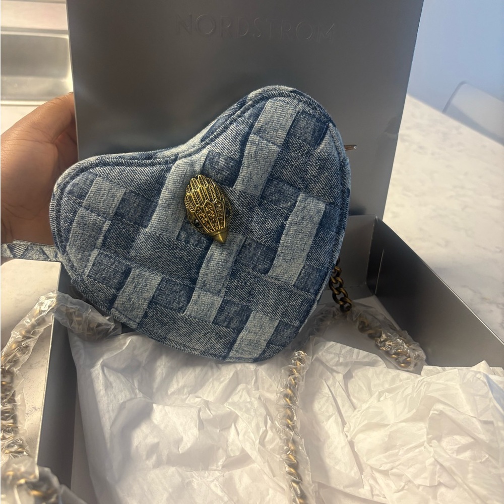 Kurt Geiger Denim Blue Heart Mini Crossbody with Gold Clasp